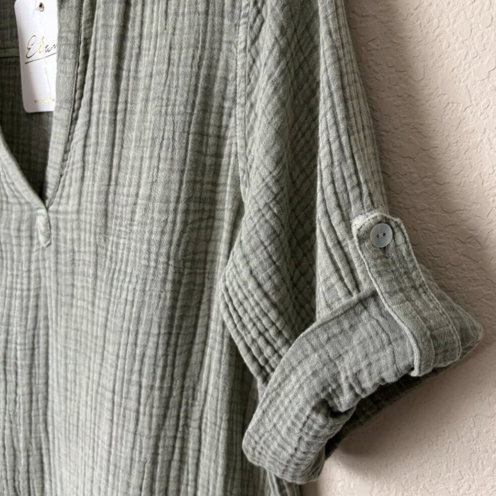 Elan Gauzy Cotton Split Neck Roll Sleeve Shirt Dress - Picture 3 of 7